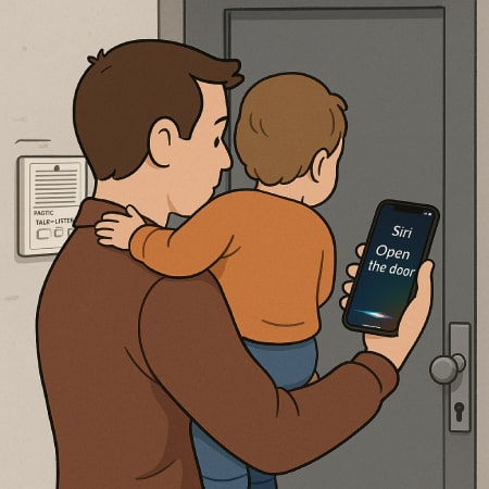 Father holding child while using Siri on iPhone to open building door - hands-free convenience