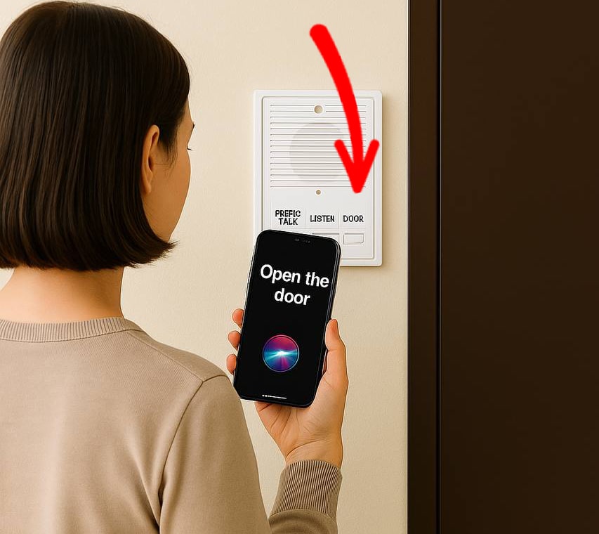 Woman using Siri on iPhone to open building door with red arrow pointing to DOOR button