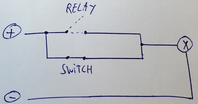 Hand-drawn wiring diagram showing how to connect relay in parallel with door button switch