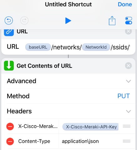 iPhone Shortcuts app showing the setup for DoorTap with URL action and API configuration